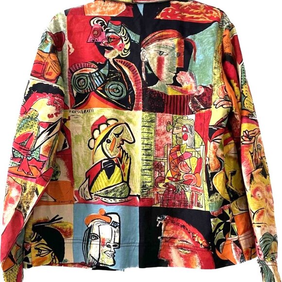 Picasso Cubism Modern Art VTG 80s Linen Jacket Kaktus Wearable Art Shacket Sz M - Picture 10 of 13
